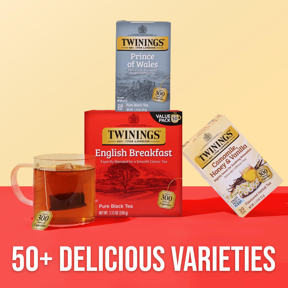 Twinings etiqueta con origen y sello de abastecimiento responsable visible