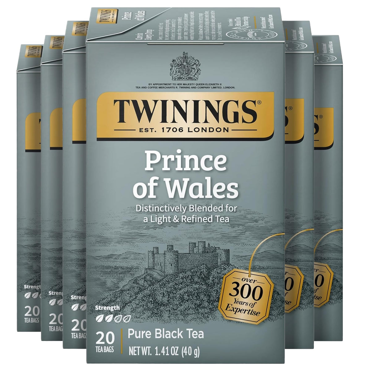 Twinings empaque frontal mostrando caja de 20 bolsitas y apariencia elegante