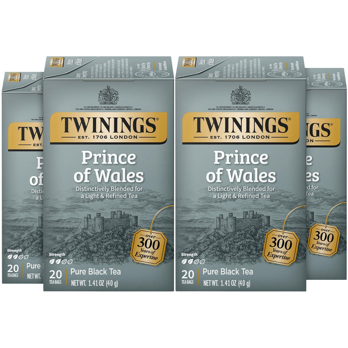 Twinings Prince of Wales paquete frontal mostrando diseño y beneficios clásicos