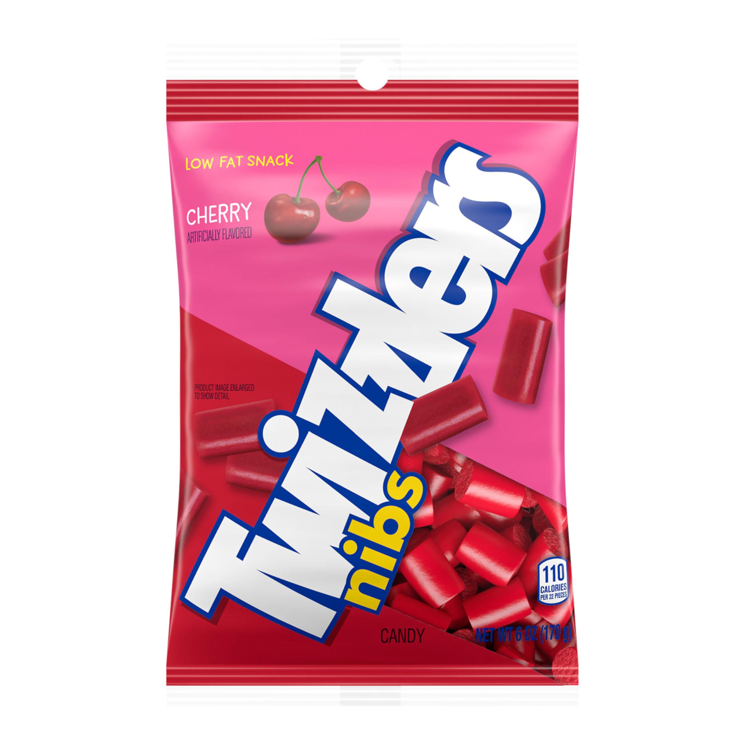 Detalle de textura masticable de Twizzlers Nibs resaltando intenso sabor a cereza