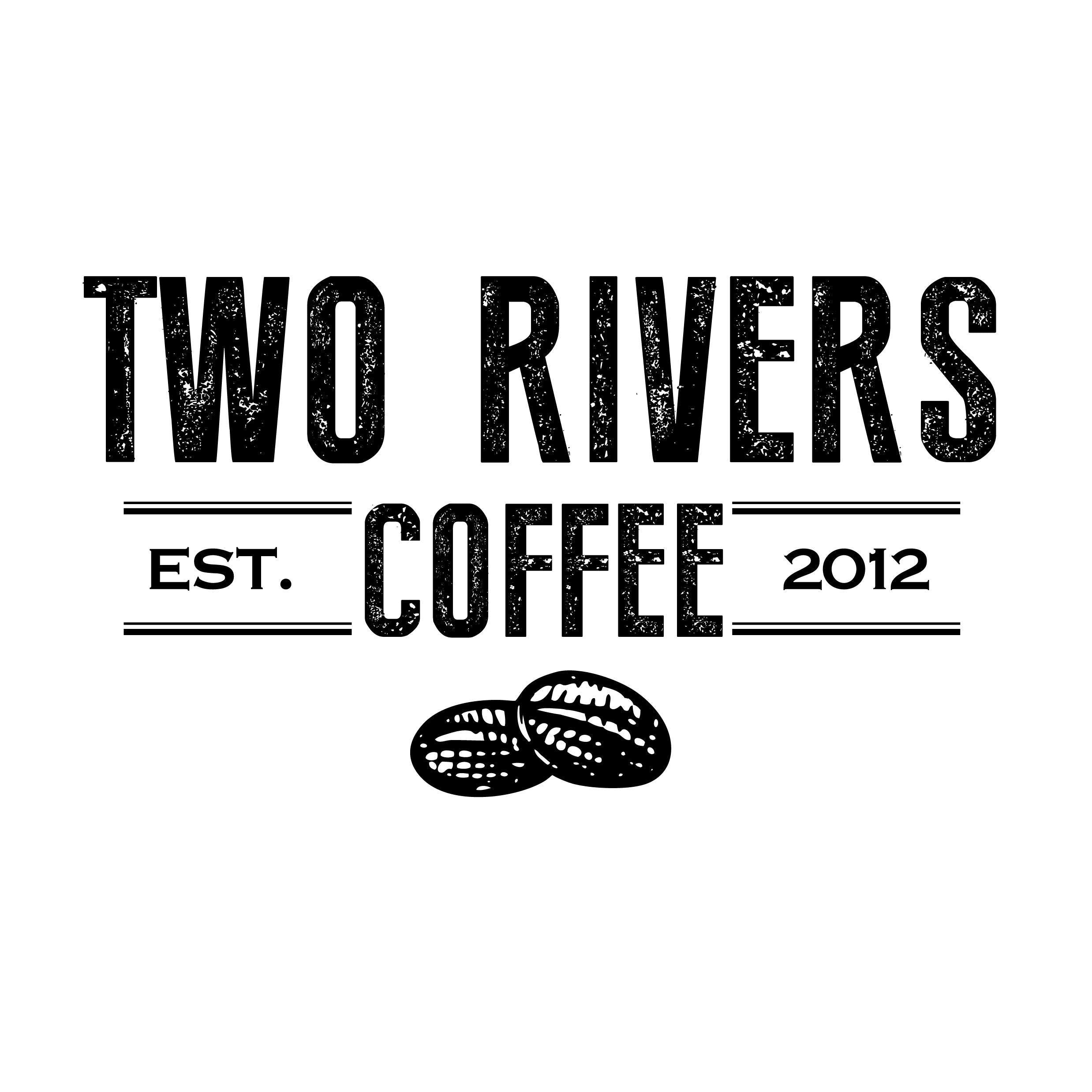 Two Rivers Coffee etiqueta del paquete mostrando mezcla y sabores