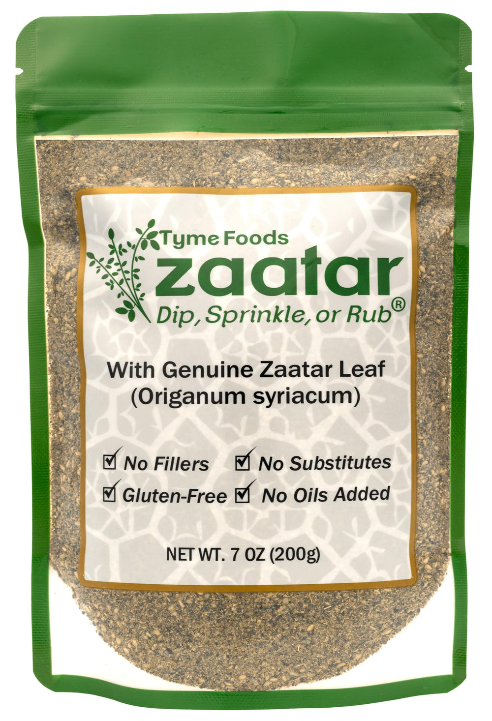 ZAATAR DIP Tyme Foods envase frontal mostrando etiqueta y uso versátil