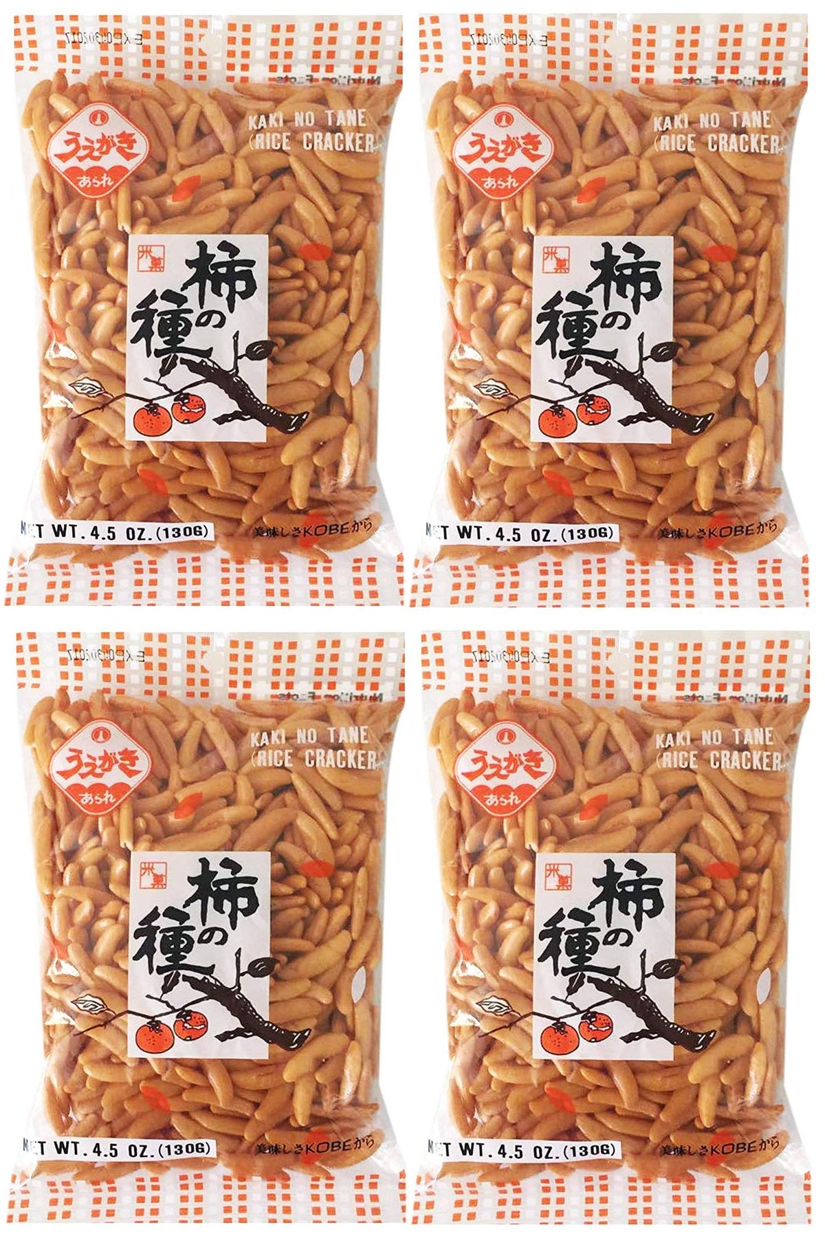 Uegaki paquete frente mostrando 4 porciones, snack crujiente listo para llevar