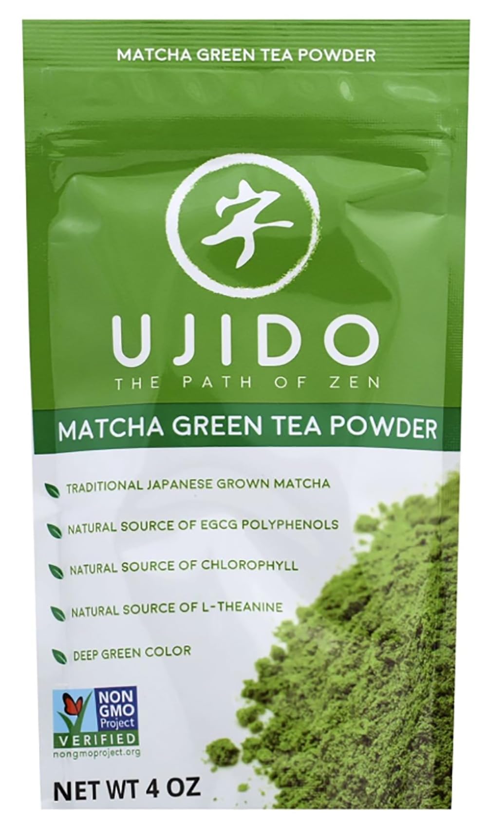 Ujido envase frontal del matcha mostrando etiqueta y tamaño, práctico y compacto
