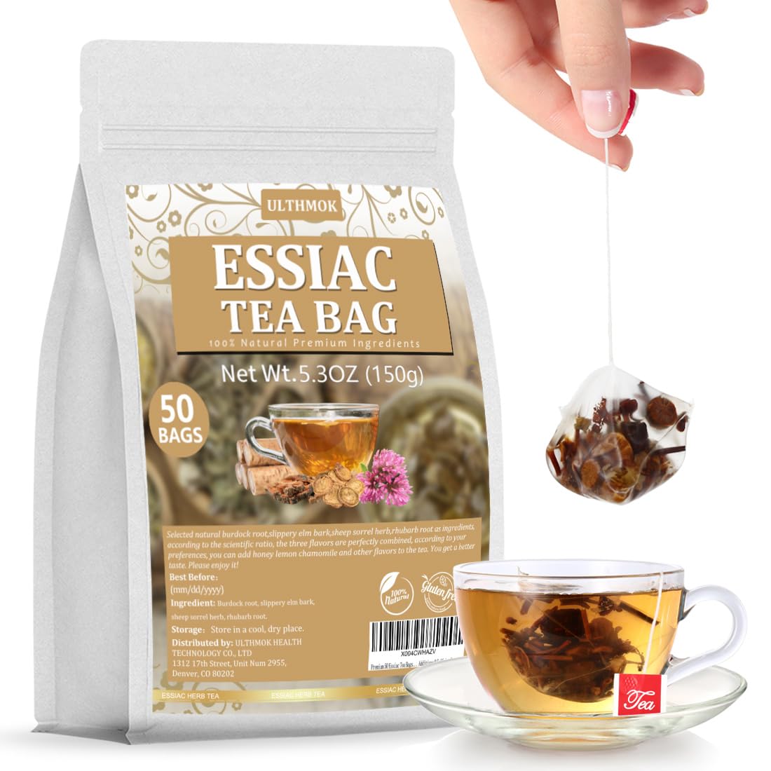 ULTHMOK paquete frontal de Essiac con 50 bolsitas, presentación clara y natural