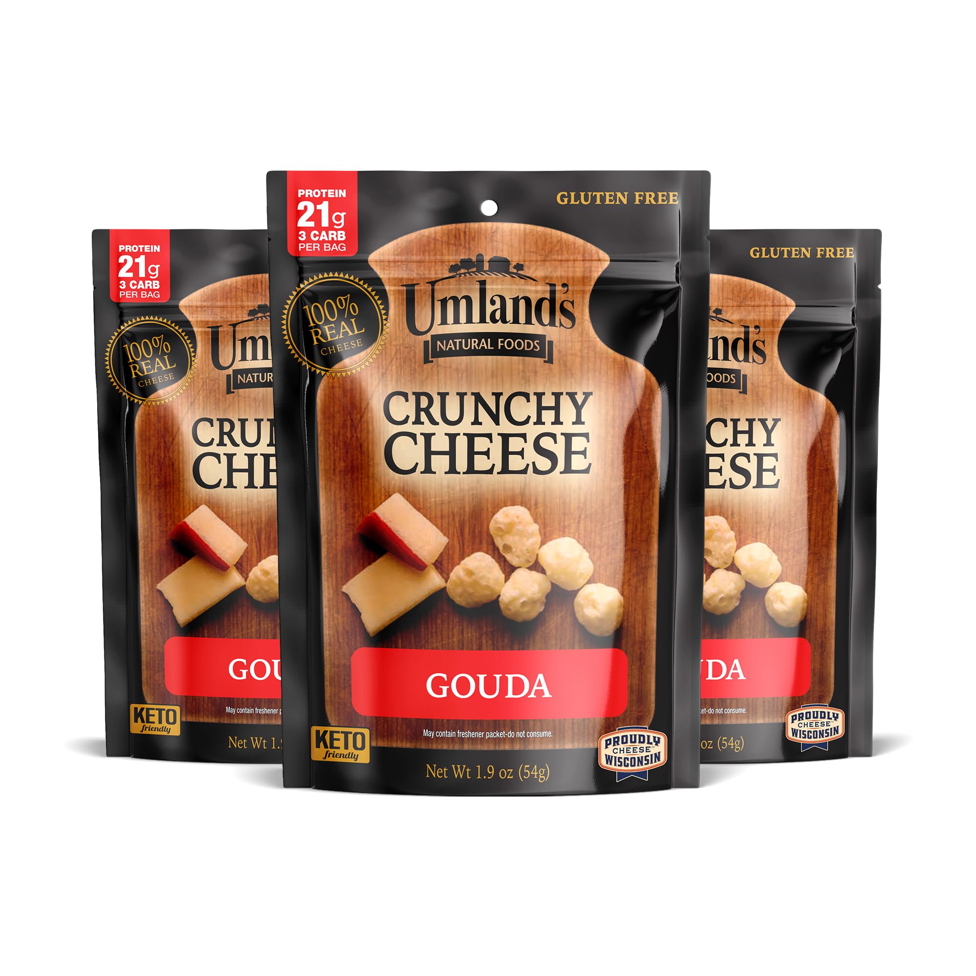 Umland's empaque frontal Gouda mostrando bolsas y marca, conveniencia sin refrigeración