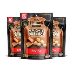 Umland's empaque frontal Gouda mostrando bolsas y marca, conveniencia sin refrigeración