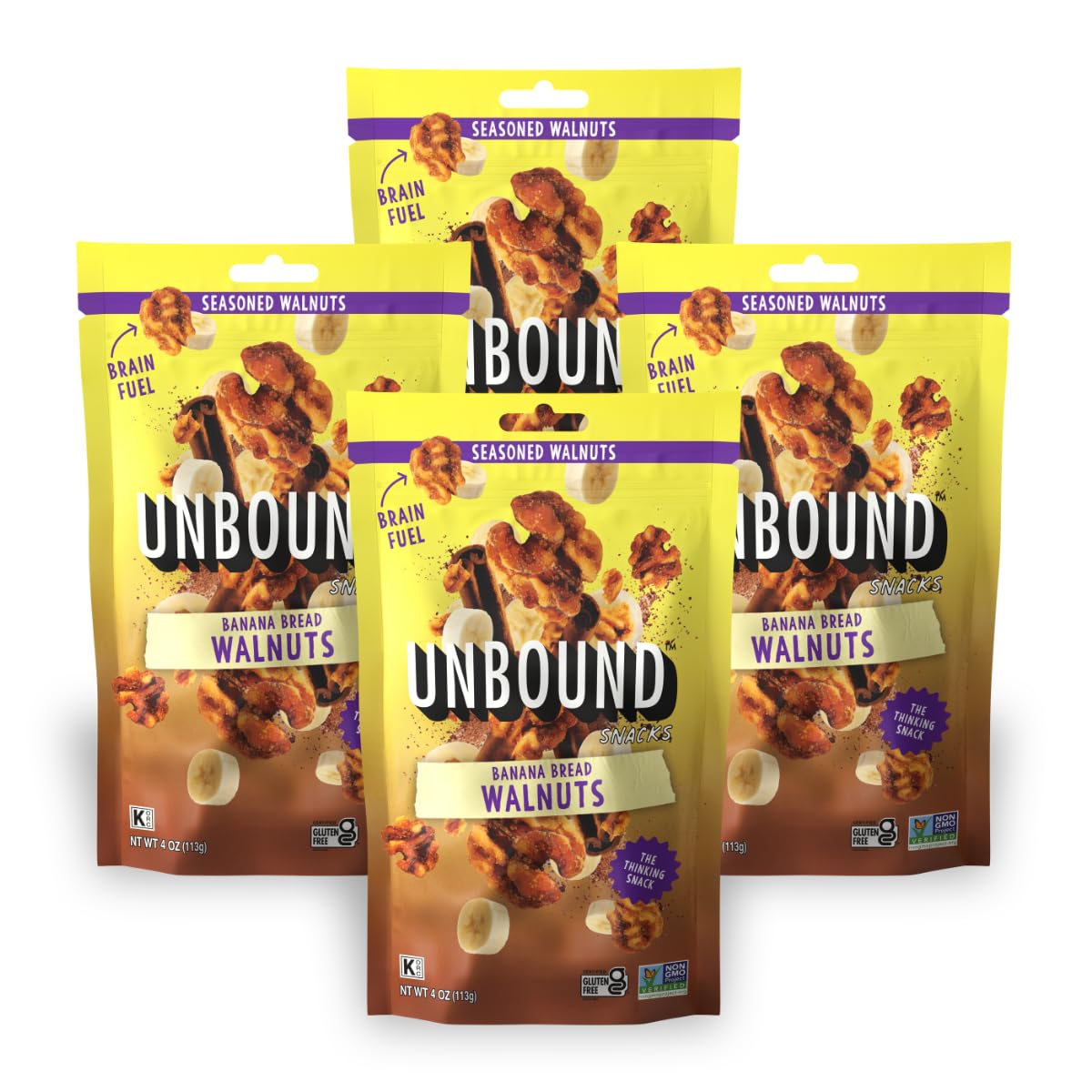 UNBOUND empaque frontal banana bread nueces, snack saludable y práctico