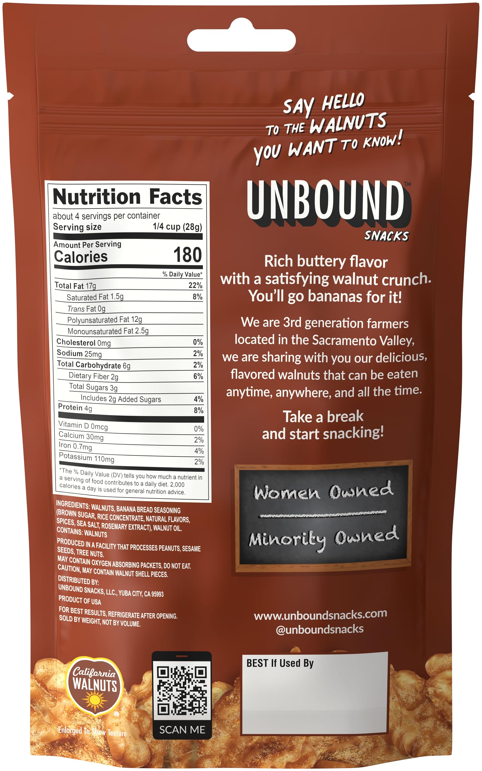 UNBOUND detalle de mitades de nuez tostadas, crujiente y alto omega‑3