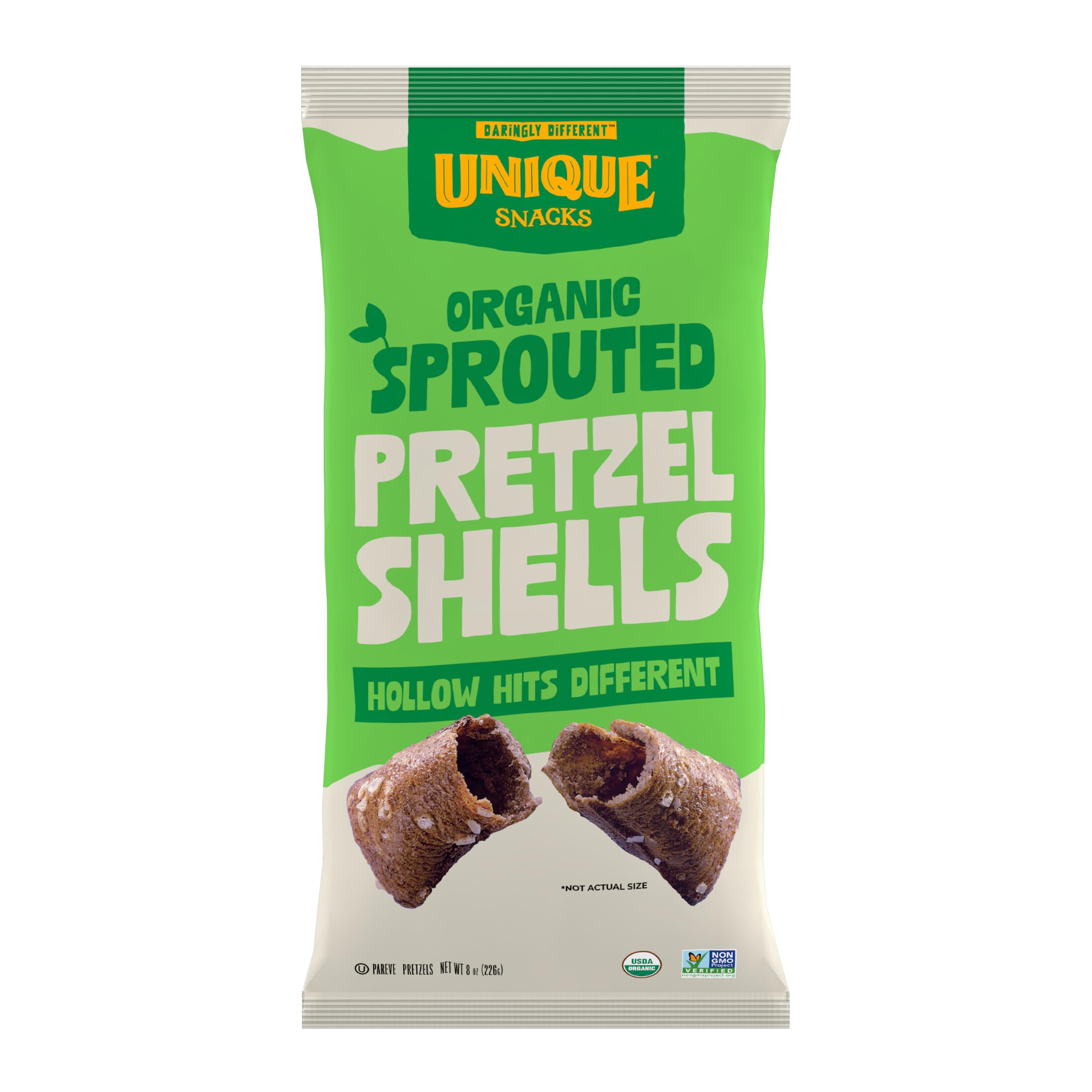 Unique Snacks vista frontal del paquete muestra diseño y tamaño práctico