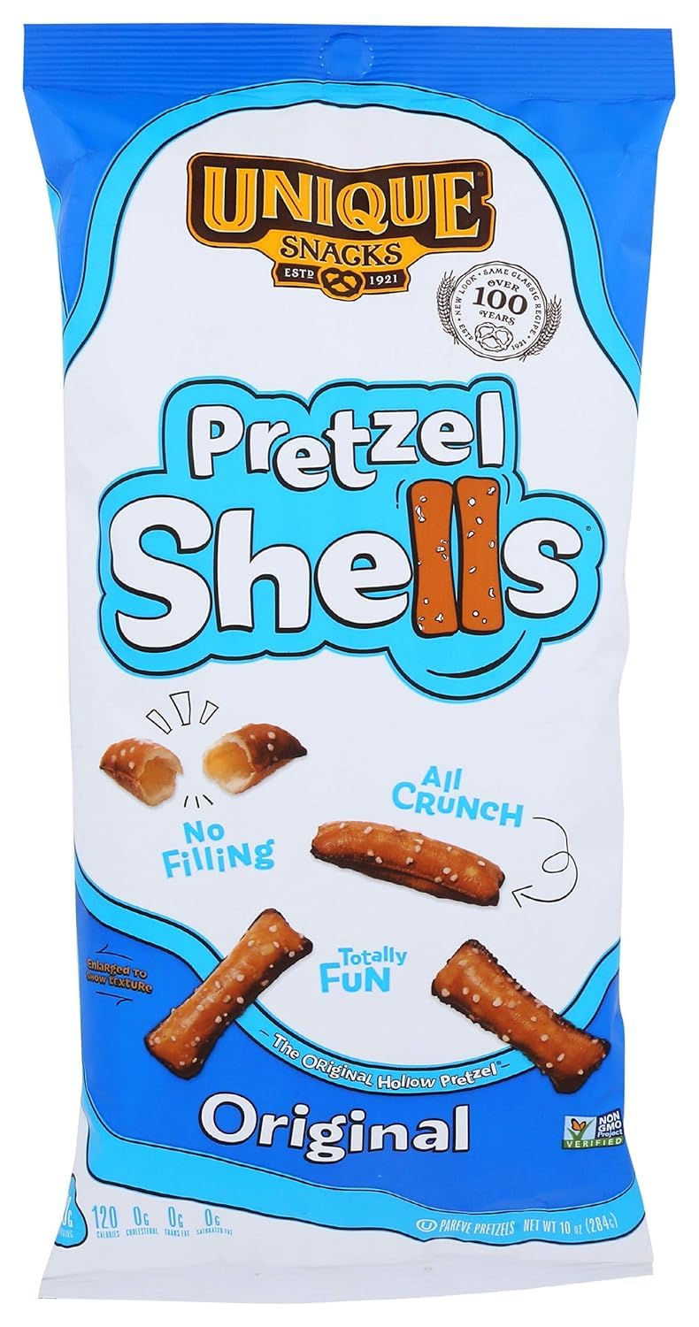 Unique Snacks bolsa frente mostrando pretzels crujientes y listos para consumir
