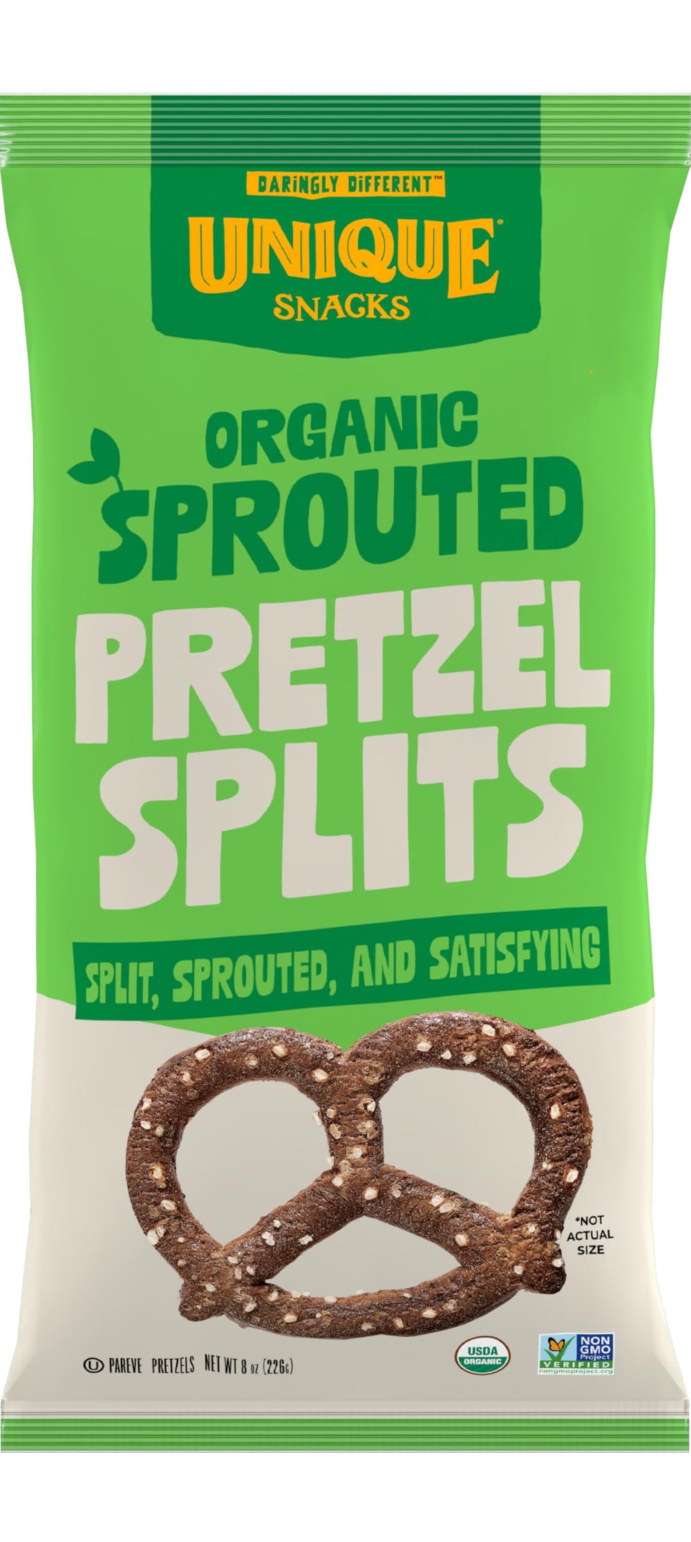 Unique Snacks paquete frontal mostrando diseño y tamaño práctico