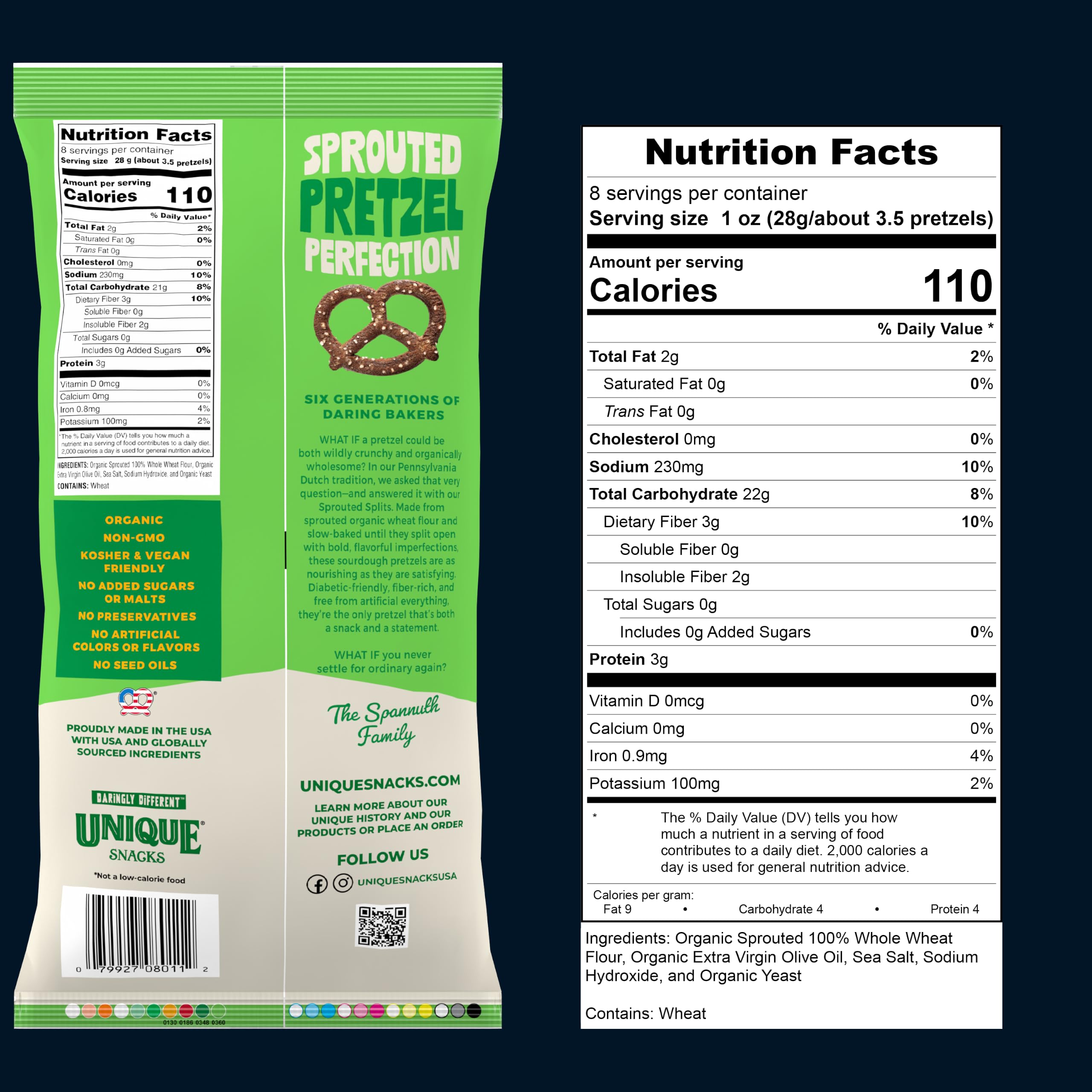 Unique Snacks pretzel en mano para comparar escala y consumo fácil