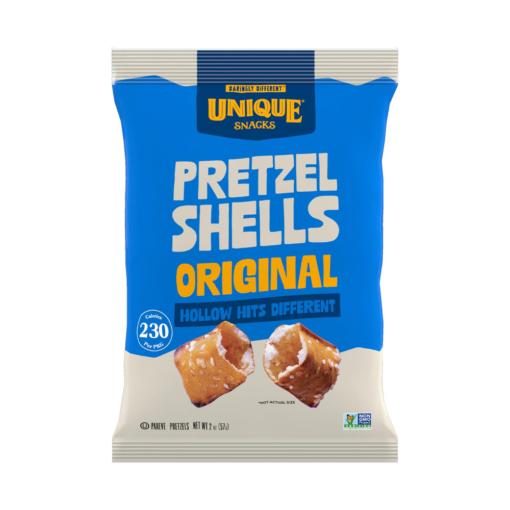 Unique Snacks paquete frontal con pretzel shells, ideal para snacks rápidos