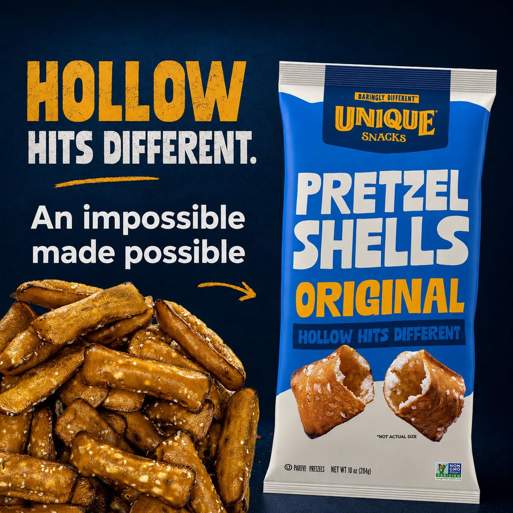 Unique Snacks comparación de tamaño del bol con pretzels para referencia
