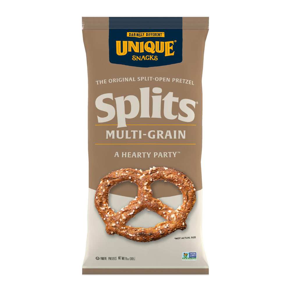 Unique Snacks pretzels pack frontal que muestra el envase y atractivo visual