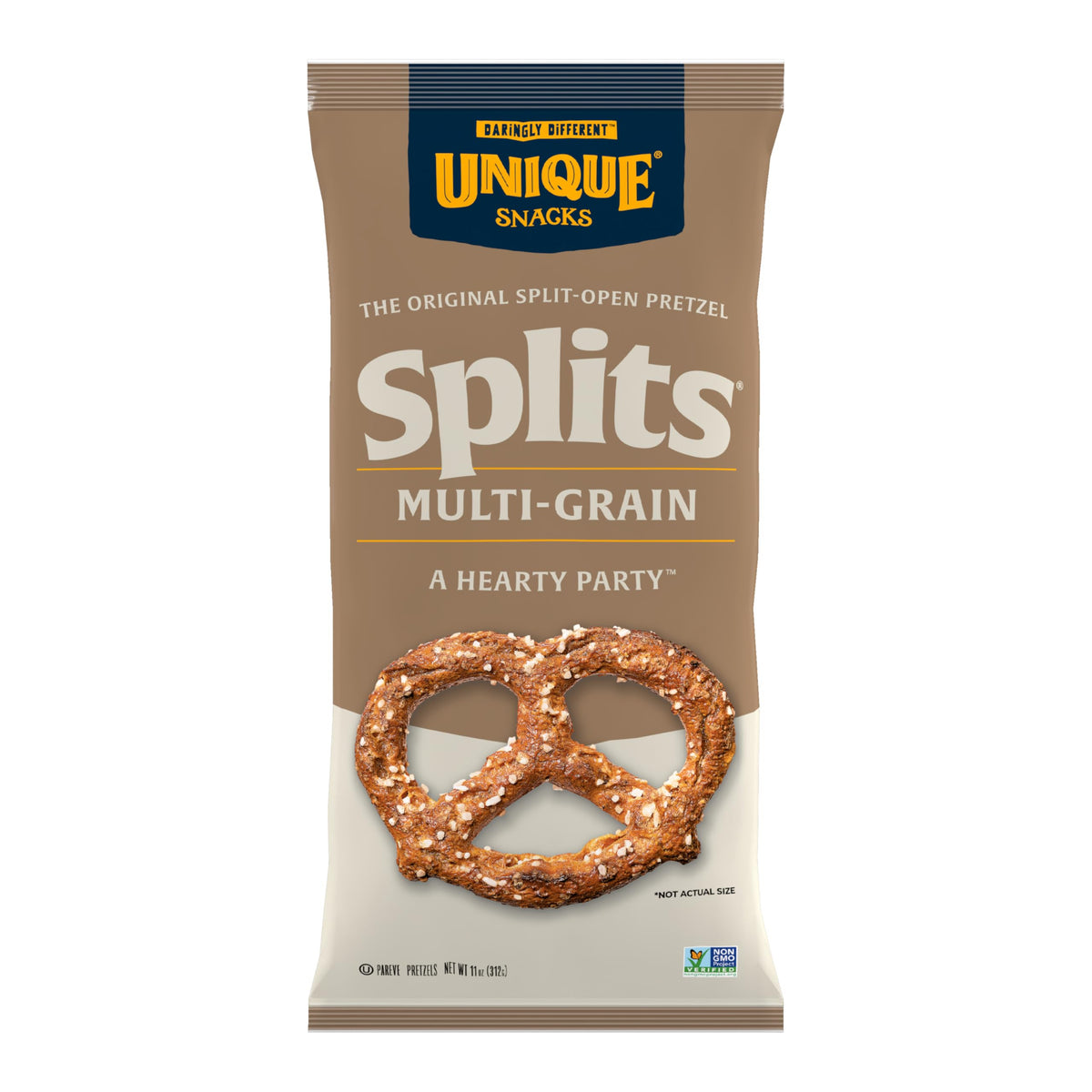 Unique Snacks pretzels pack frontal que muestra el envase y atractivo visual