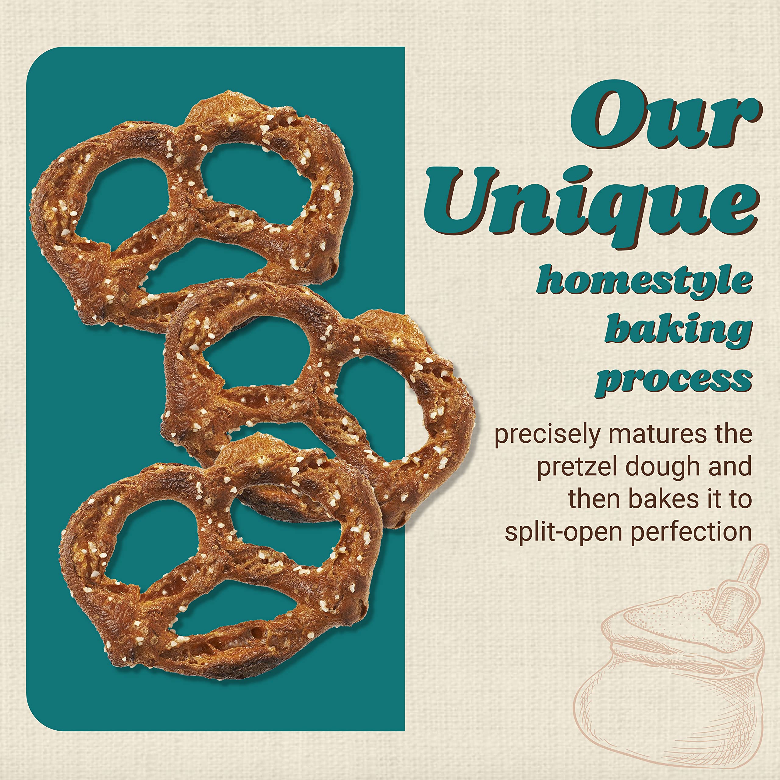 Unique Snacks pretzel junto a una regla para comparar tamaño