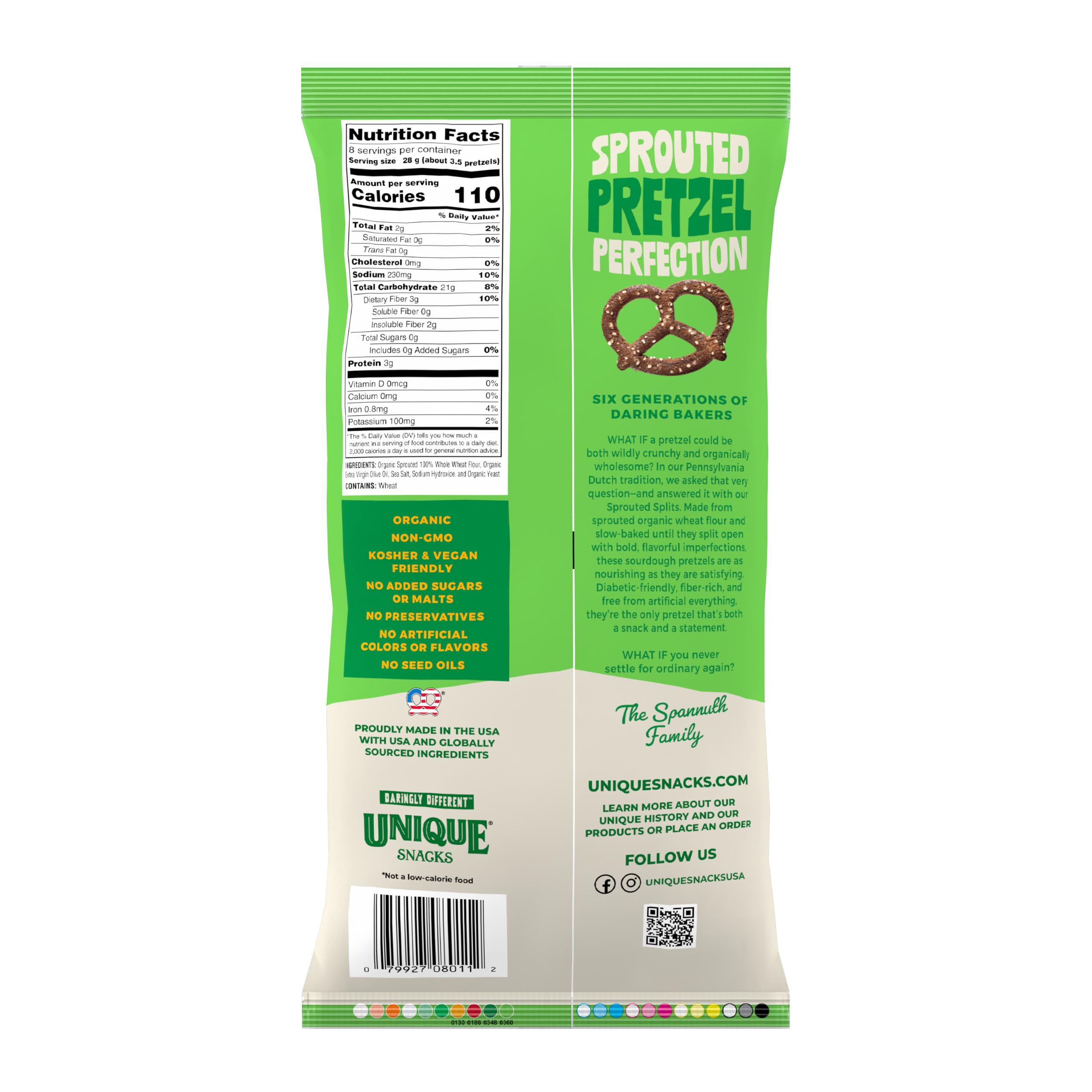 Unique Snacks textura crujiente de pretzel abierto, sabor notable