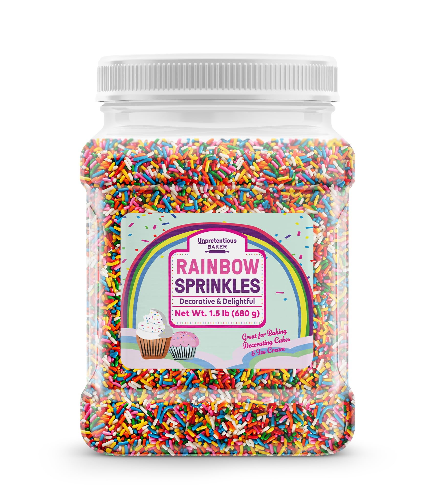 Unpretentious envase frontal de Rainbow Jimmy Sprinkles mostrando capacidad y etiqueta