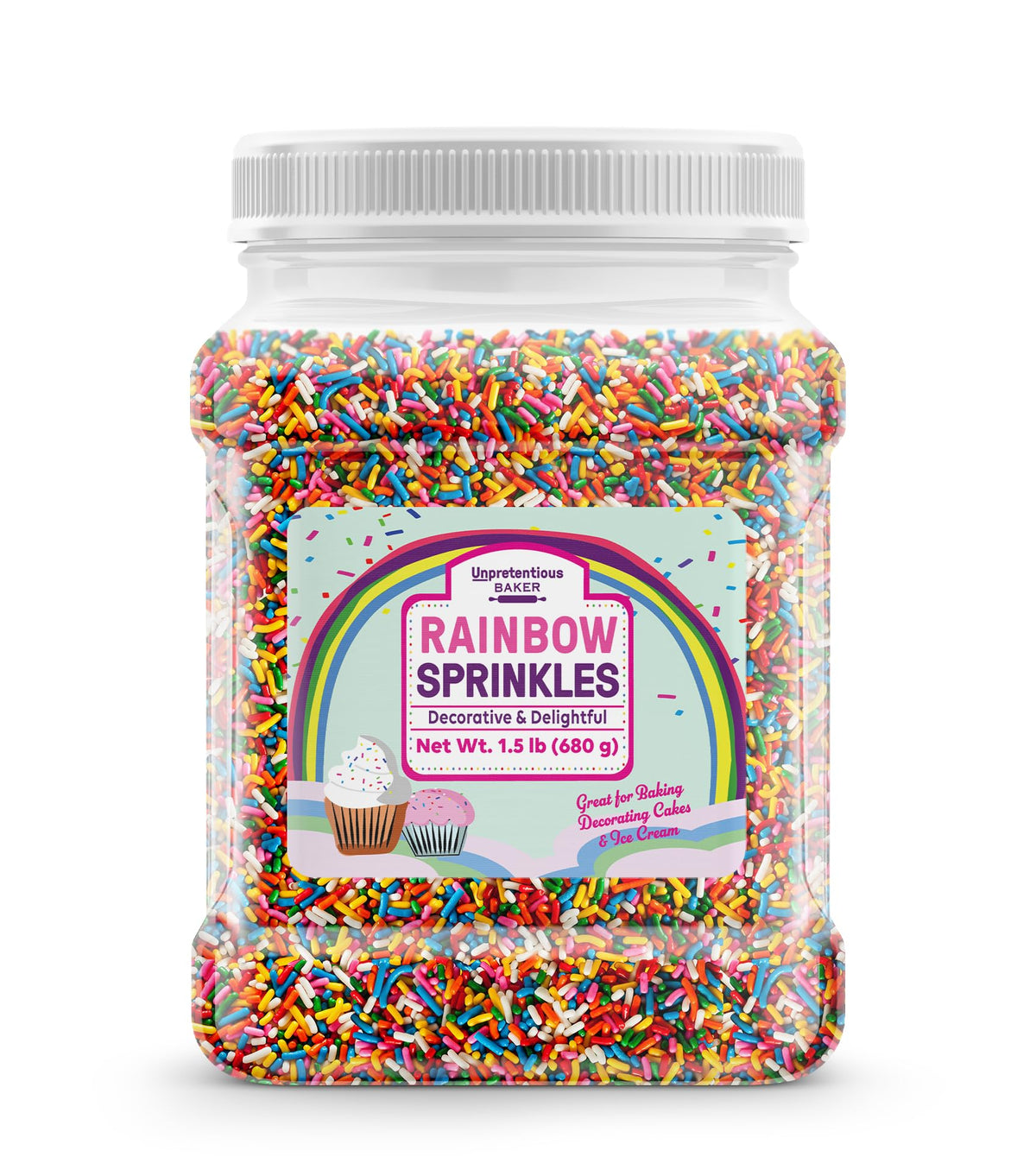 Unpretentious envase frontal de Rainbow Jimmy Sprinkles mostrando capacidad y etiqueta