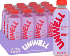 Unwell frente de botella Blackberry Acai muestra diseño y sello natural