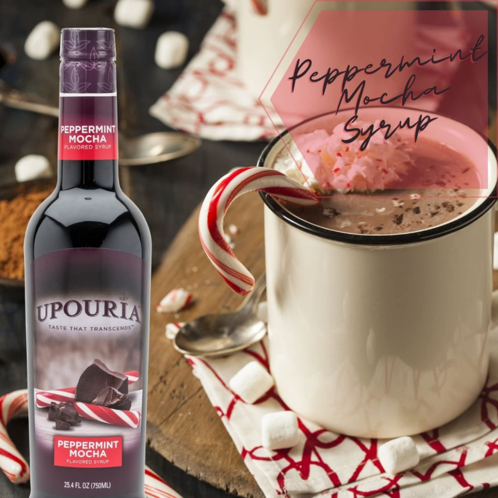 Taza de café con Peppermint Mocha Upouria realzando aroma y sabor festivo