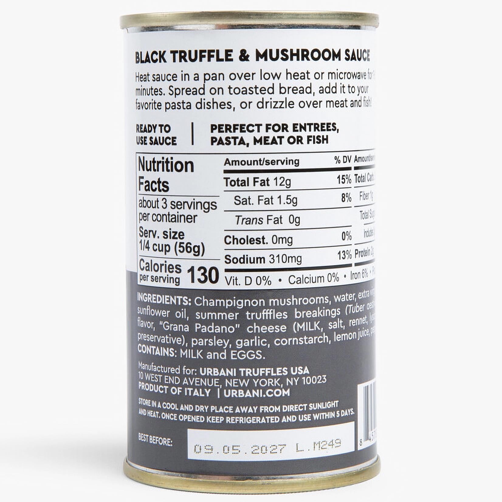 Urbani Truffles detalle de etiqueta con ingredientes y origen italiano visible