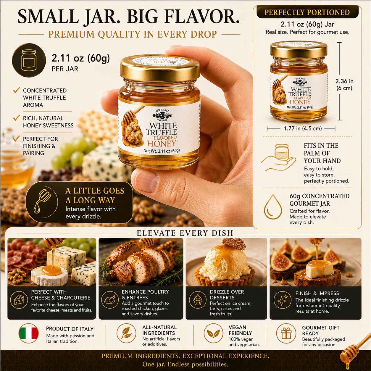 Urbani Truffles miele en tabla de quesos, realza sabores y presentación
