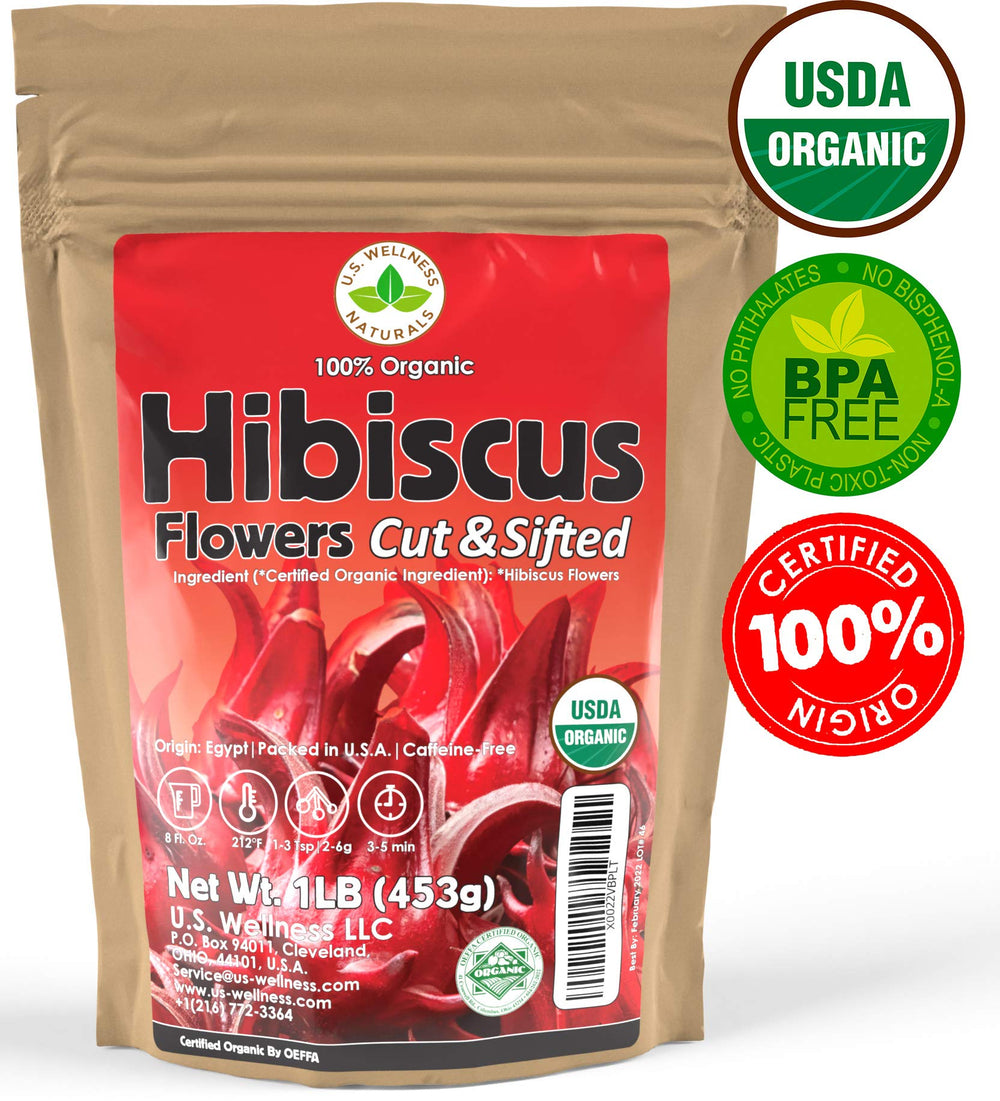 U.S. Wellness Naturals comparación de tamaño con un bol, 1 libra de hibisco para más de 200 tazas