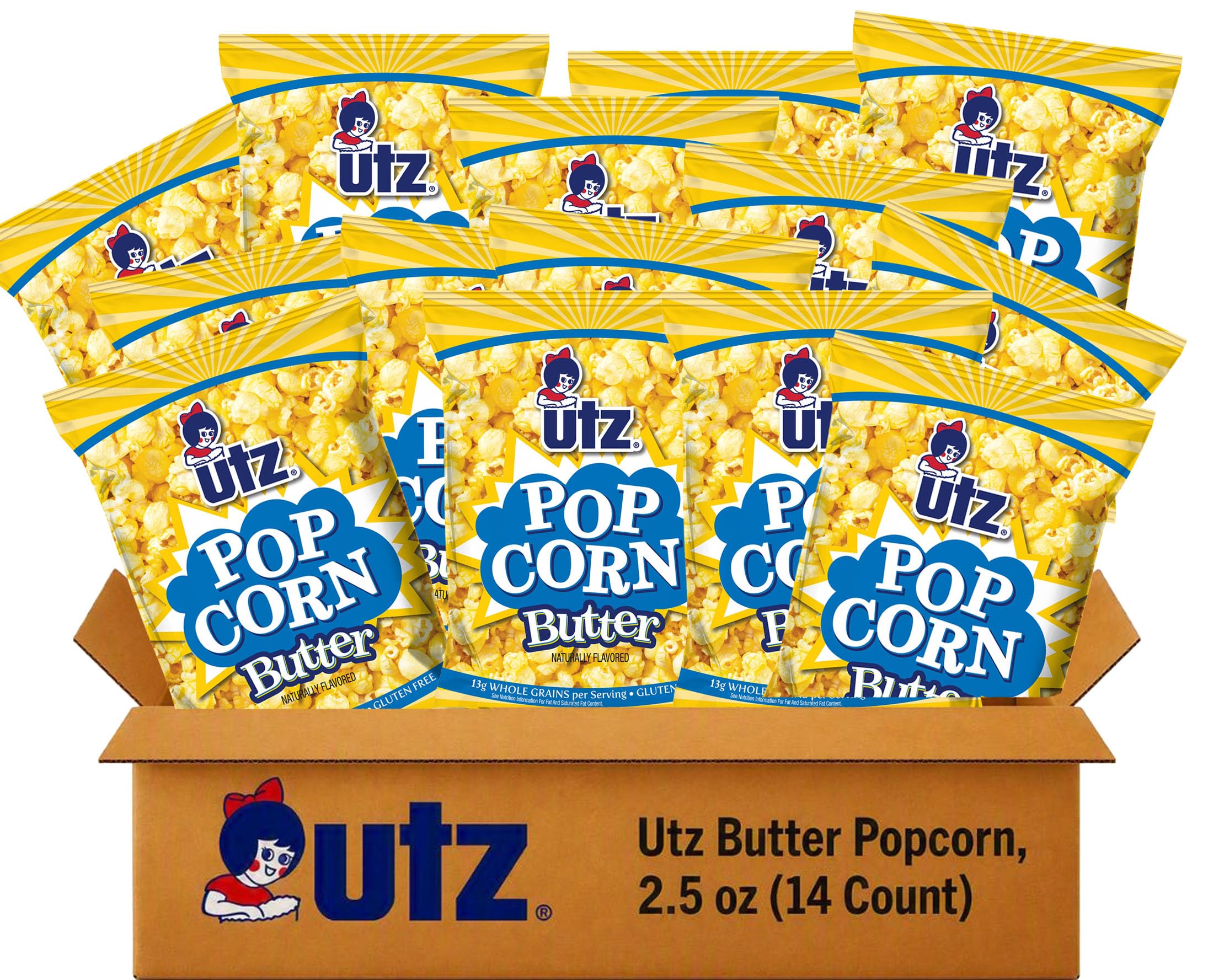 Utz caja 14 bolsas frontal mostrando paquete compacto y conveniencia