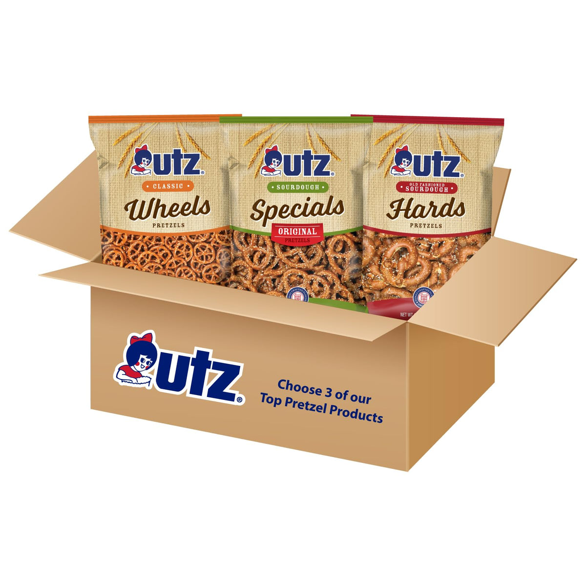 Utz frente del paquete con tres bolsas mostrando la variedad y conveniencia