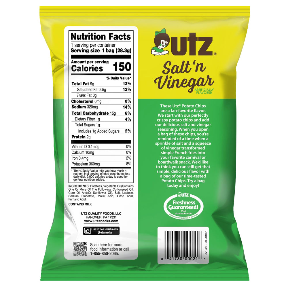 Paquete de 42 bolsas Utz salt & vinegar listo para distribución