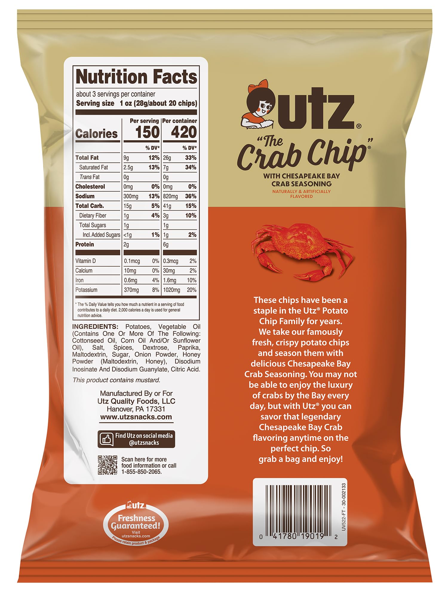 Utz comparación de tamaño con mano para referencia de porción