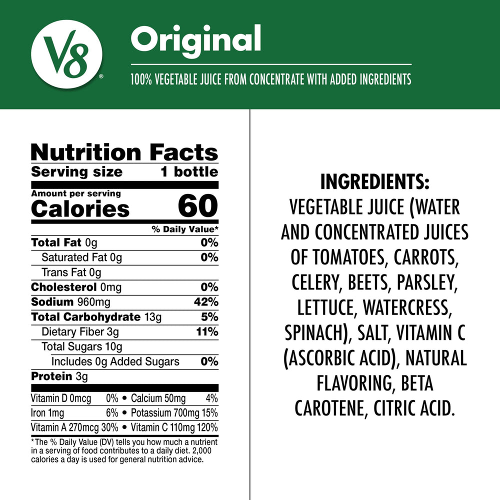 V8 etiqueta de la botella 355 ml enfocando ingredientes y vitaminas