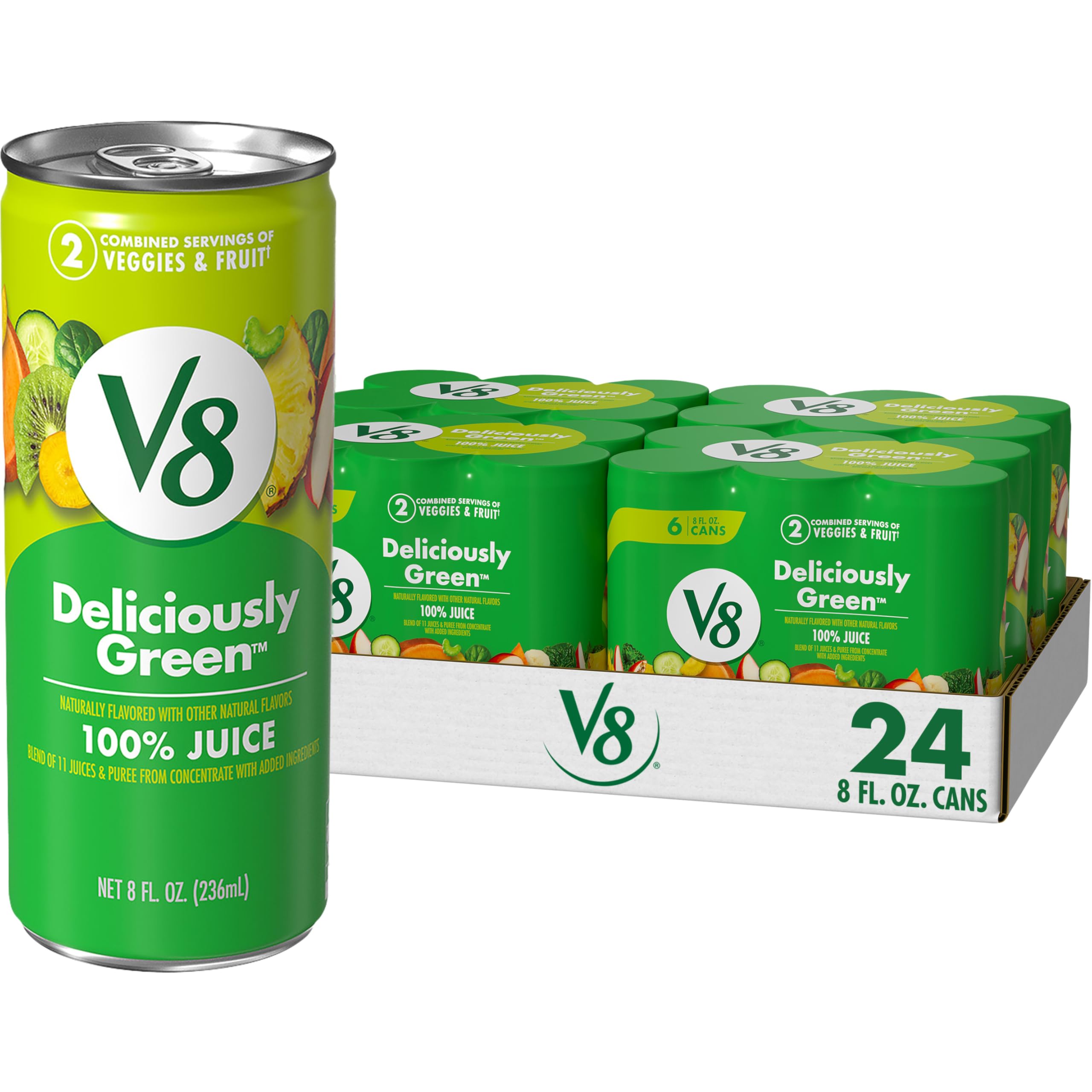 V8 lata frente mostrando la marca V8 y diseño listo para beber