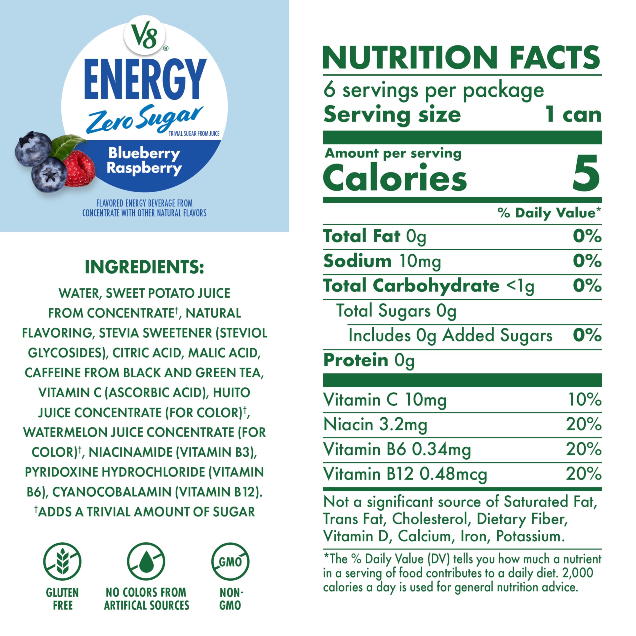 V8 detalle de etiqueta con ingredientes y beneficios claros