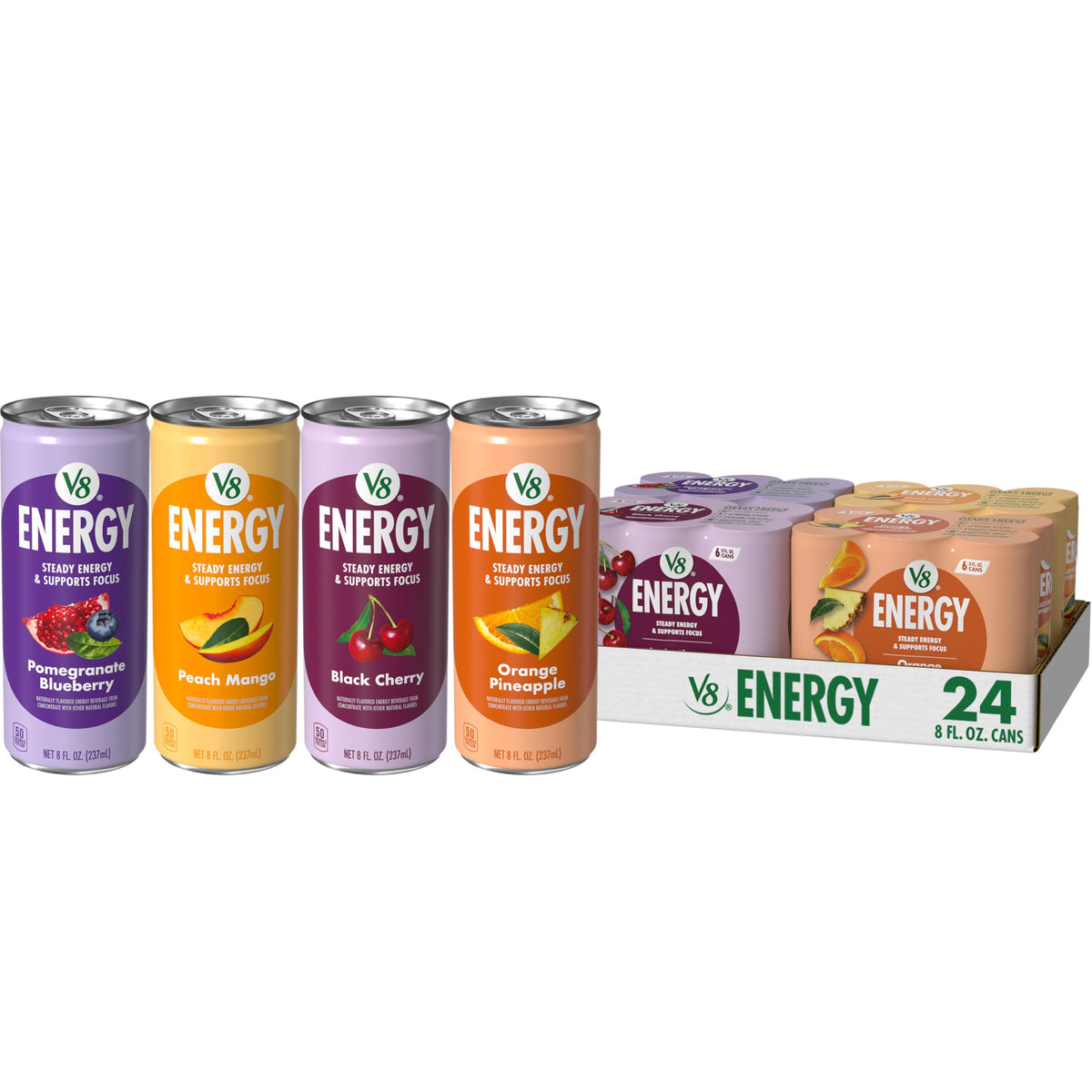 V8 mostrando el pack variedad de 24 latas con colores de sabores y conveniencia