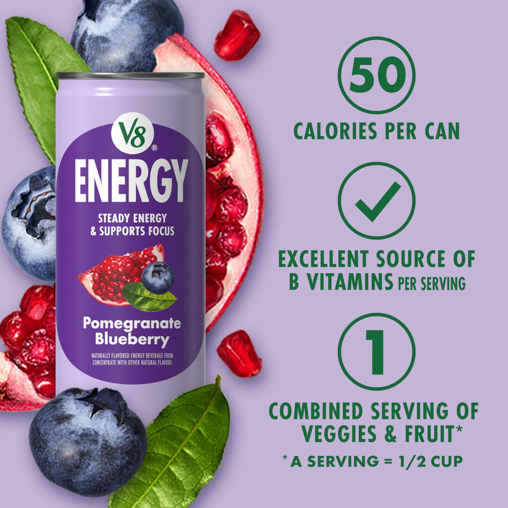 V8 latas junto a frutas (durazno, mango, arándano) que sugieren sabor natural