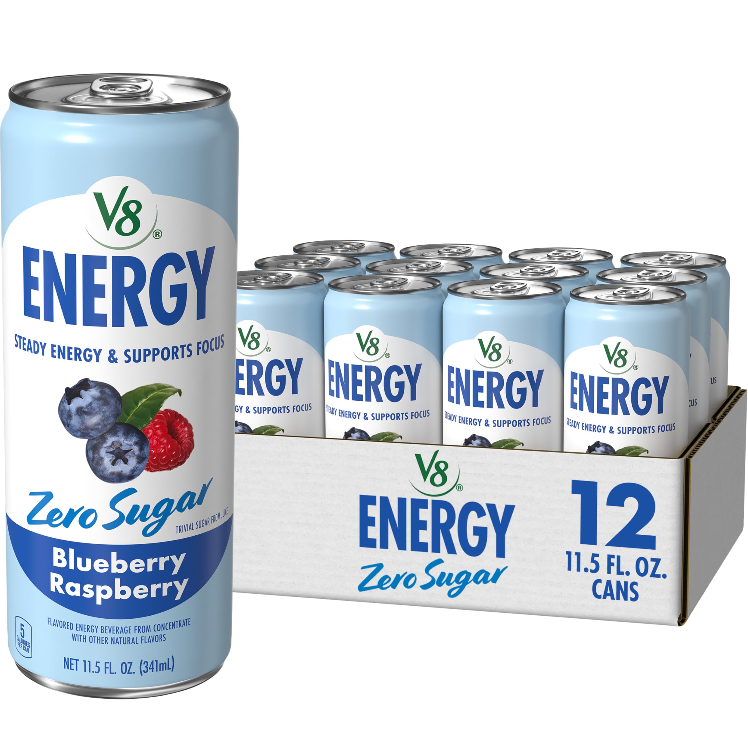 V8 lata frontal Blueberry Raspberry mostrando marca y sabor, refresco sin azúcar
