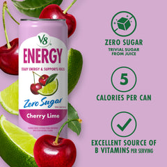V8 Energy detalle de etiqueta Cherry Lime contiene información nutricional