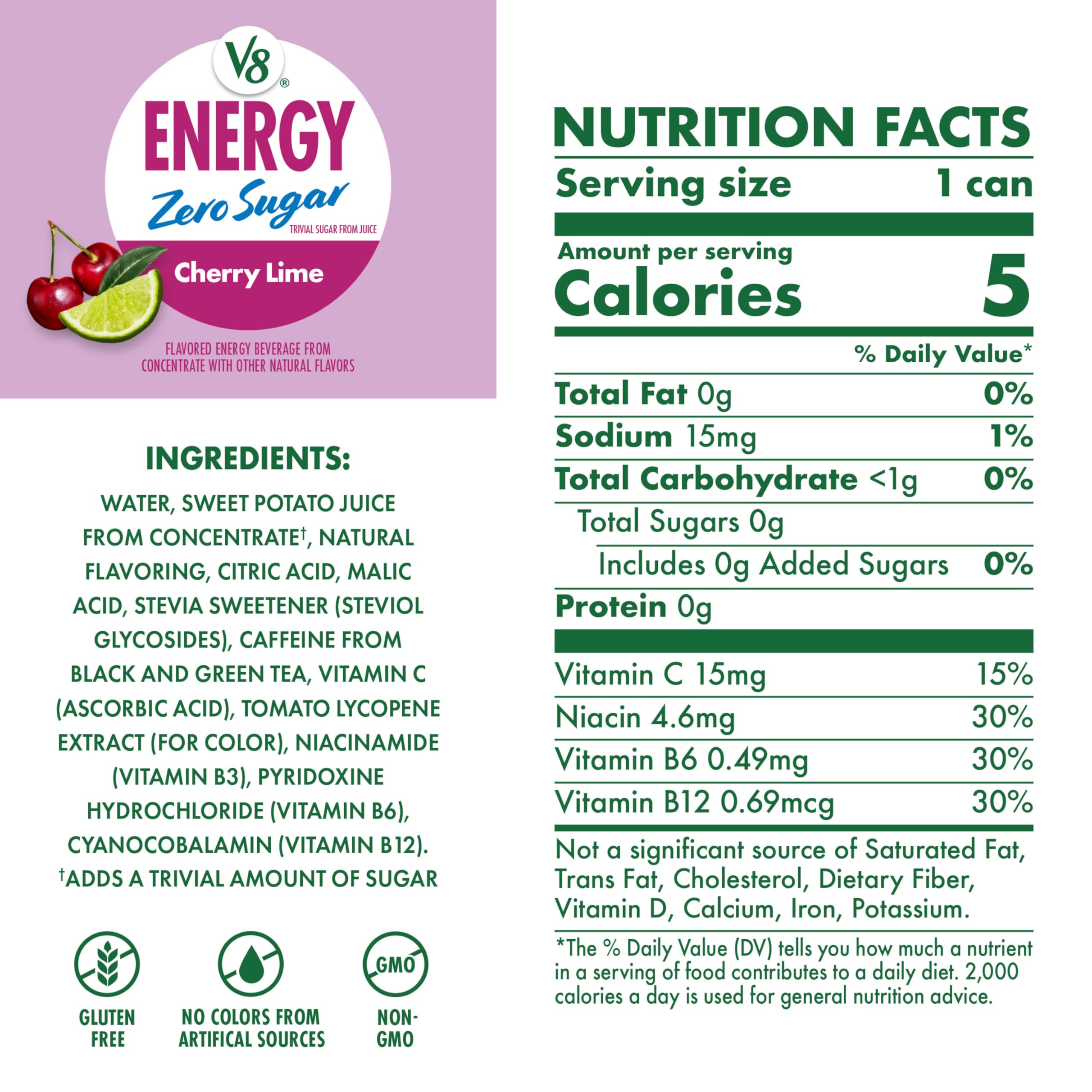 V8 Energy lata Cherry Lime abierta con espuma, lista para beber