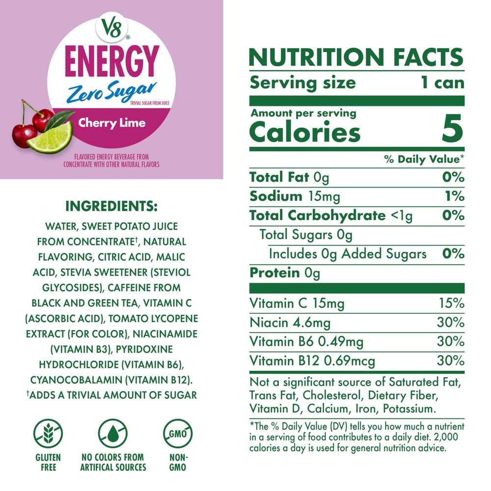 V8 Energy lata Cherry Lime abierta con espuma, lista para beber