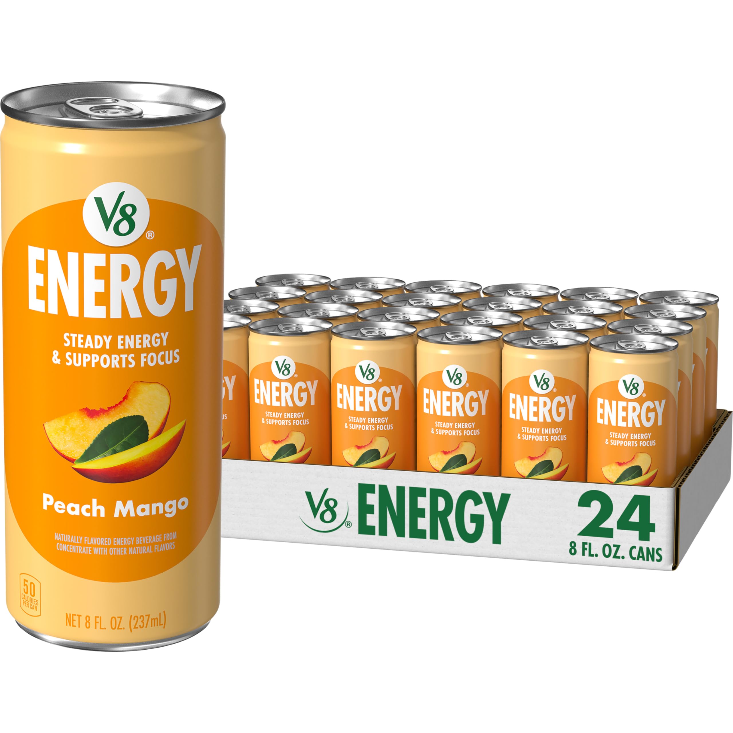 V8 lata frontal mostrando etiqueta y sabor durazno mango beneficio práctico