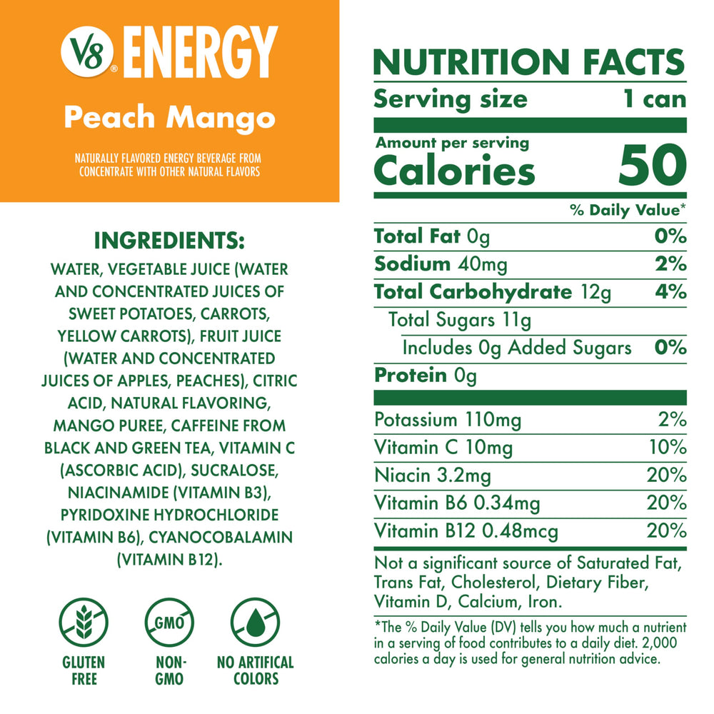 Paquete de 24 latas V8 +ENERGY durazno mango ideal para abasto