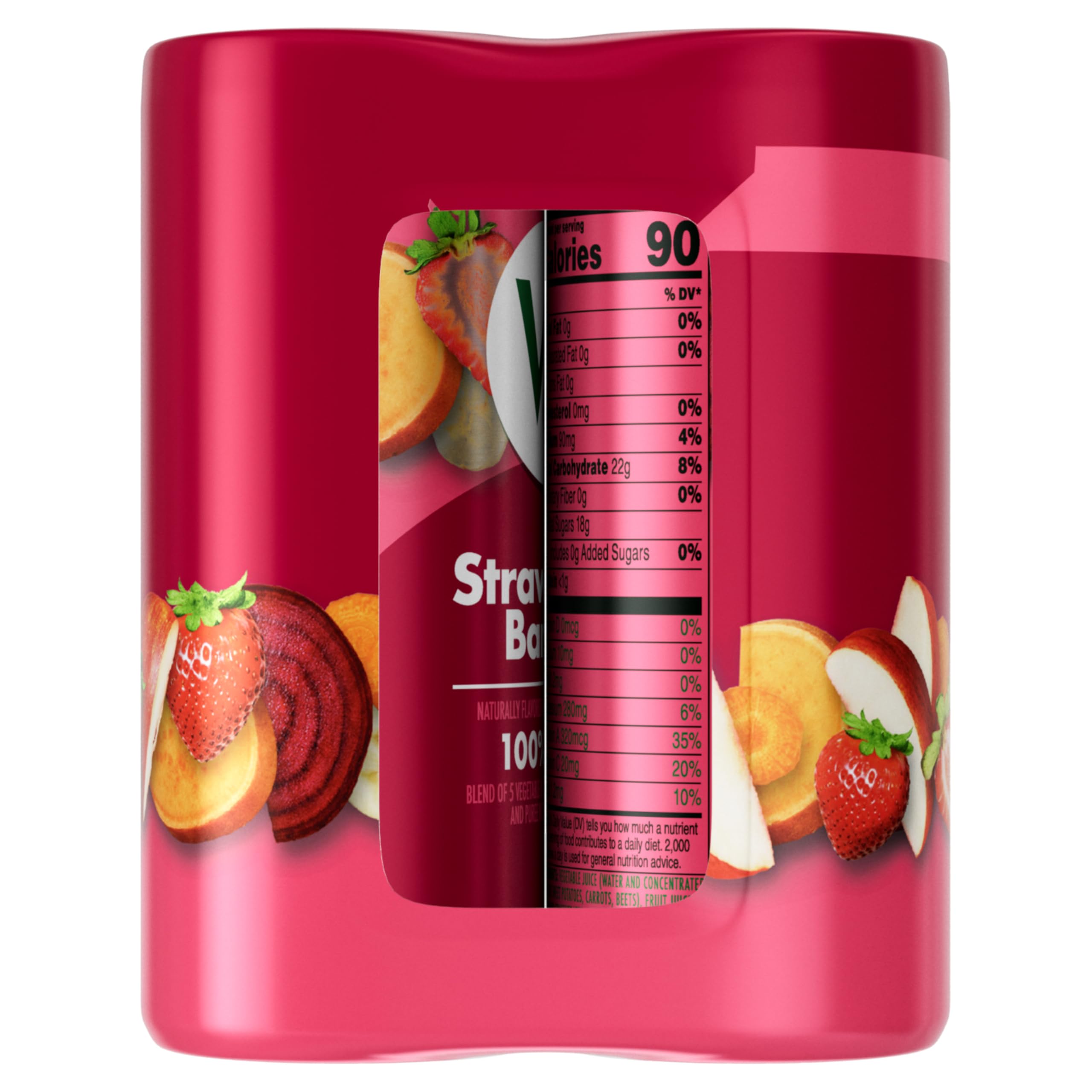 V8 latas con fresas y plátanos frescos evidenciando ingredientes reales