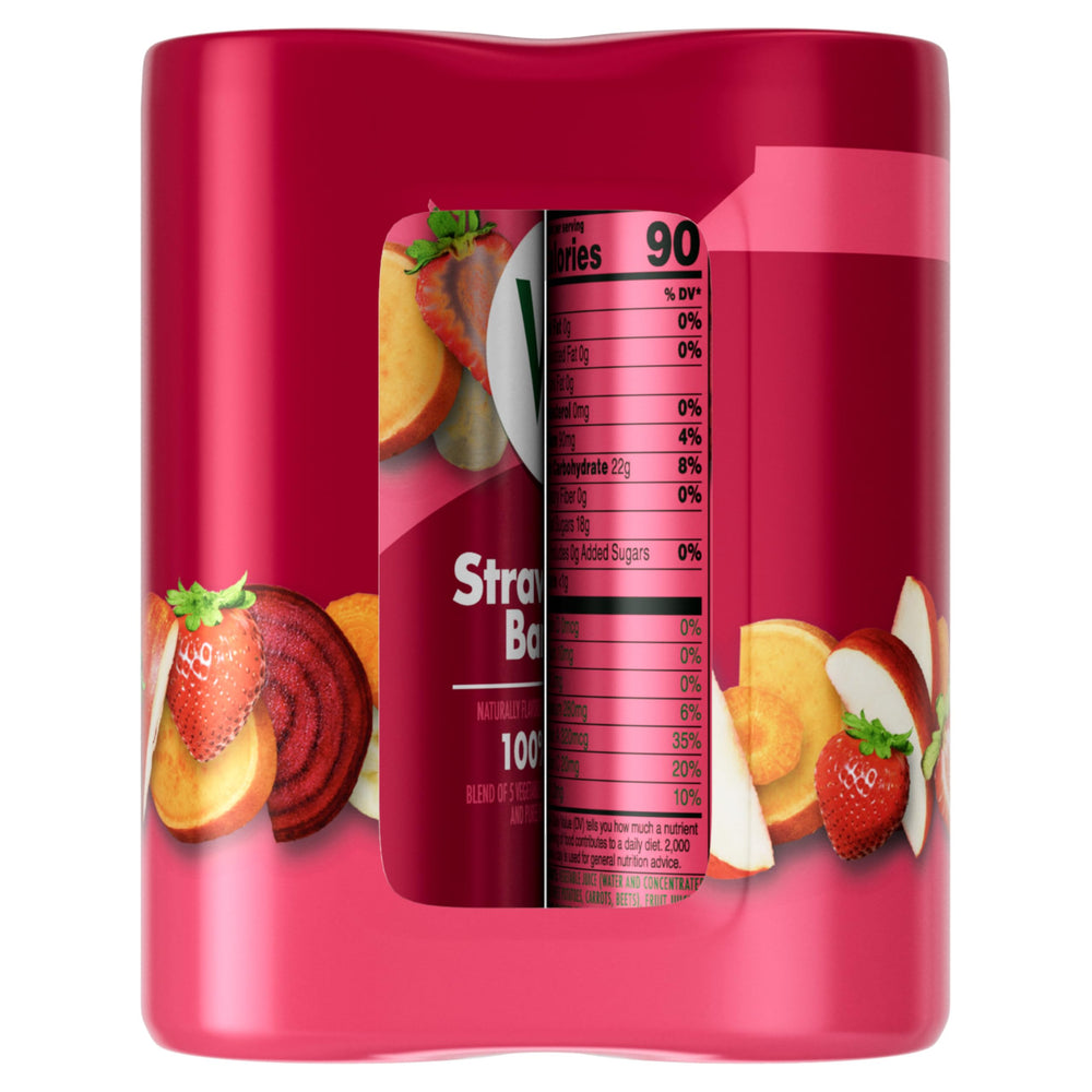 V8 latas con fresas y plátanos frescos evidenciando ingredientes reales
