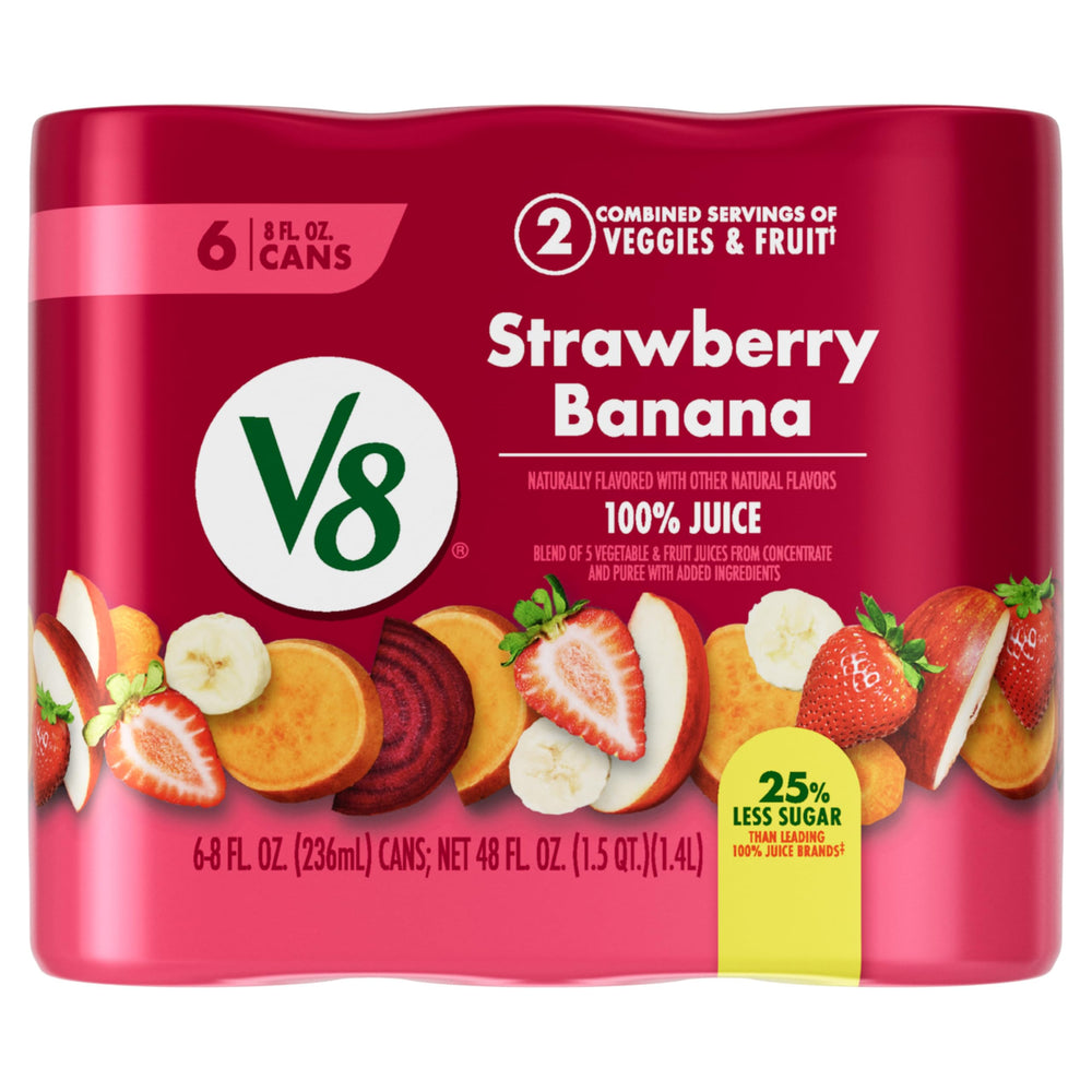 V8 lata junto a desayuno mostrando combinación rápida y nutritiva