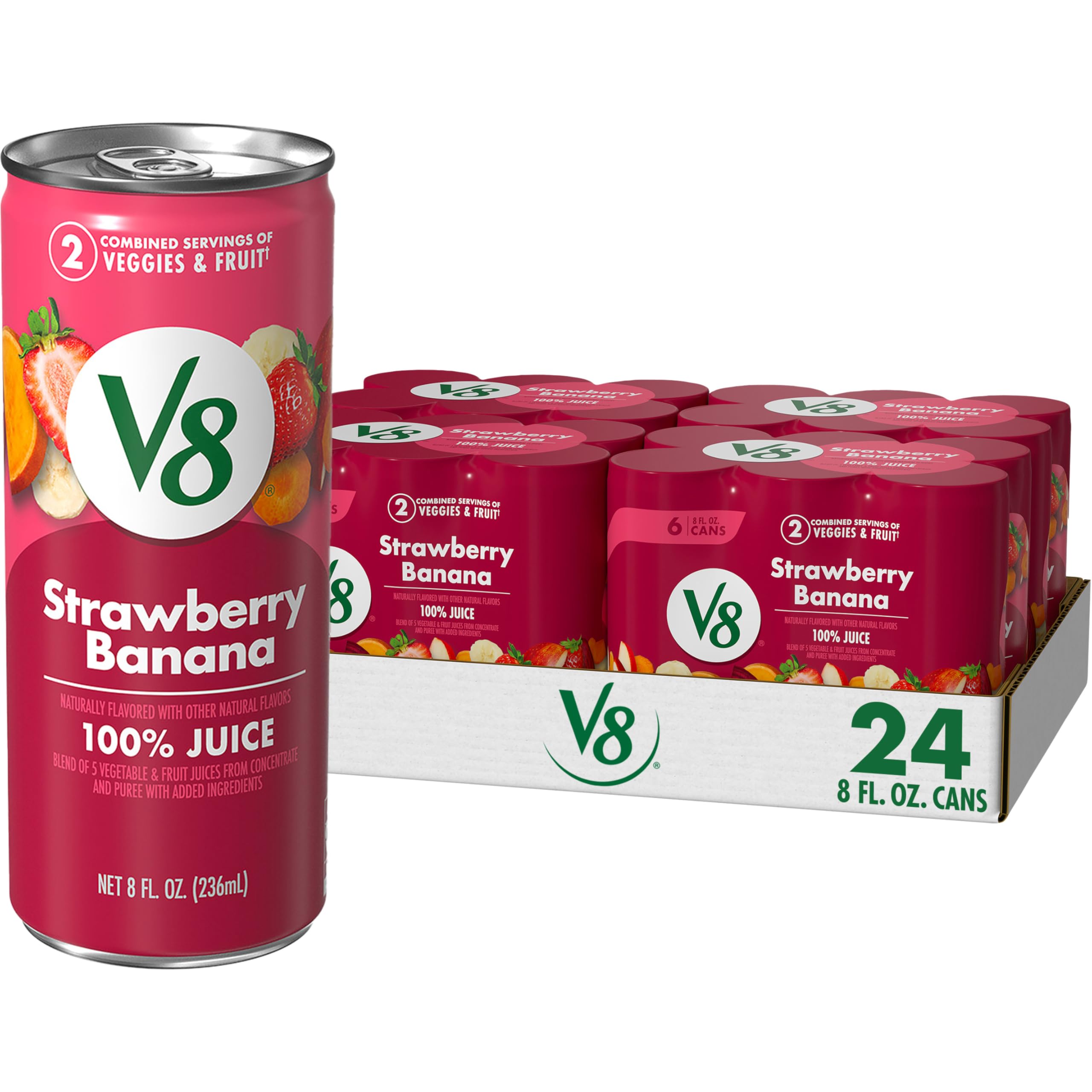 V8 lata fresa banana vista frontal mostrando diseño y facilidad de consumo