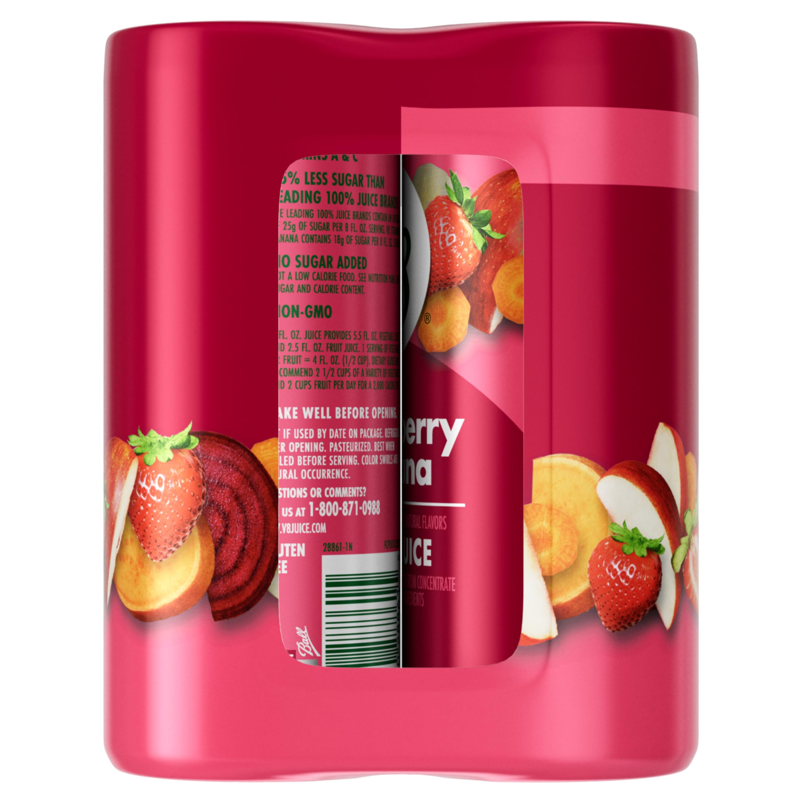 V8 latas apiladas resaltando almacenamiento compacto y cantidad del pack